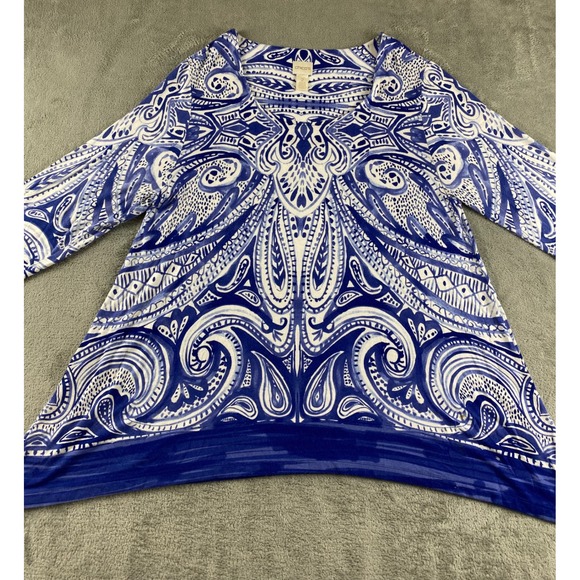 Chicos Tunic Top Blue White Paisley Print Asymmetrical Hem Women Size 2 - Picture 2 of 11